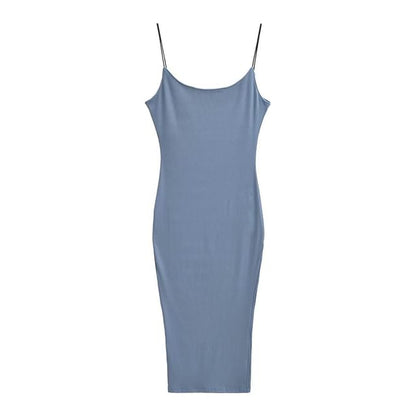 Spaghetti Strap Scoop Neck Plain Slit Midi Bodycon Dress