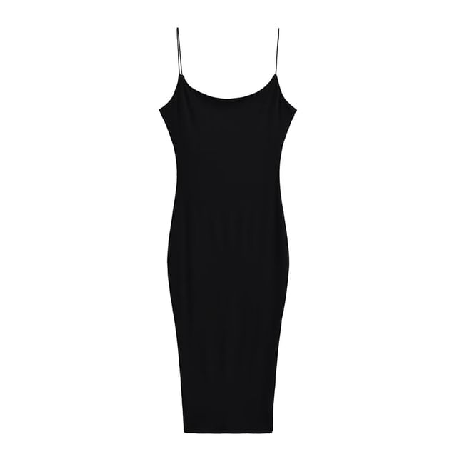Spaghetti Strap Scoop Neck Plain Slit Midi Bodycon Dress
