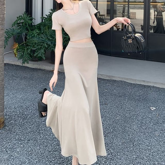 Short-Sleeve Scoop Neck Solid Crop Tee & High-Waist Midi Flared Skirt Set