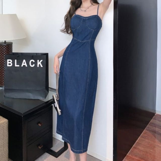 Spaghetti Strap Denim Midi A-Line Dress