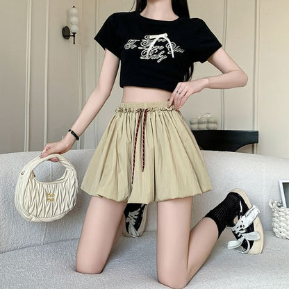 Drawstring Solid Mini Bubble Flared Skirt