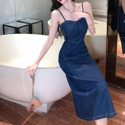 Spaghetti Strap Denim Midi A-Line Dress