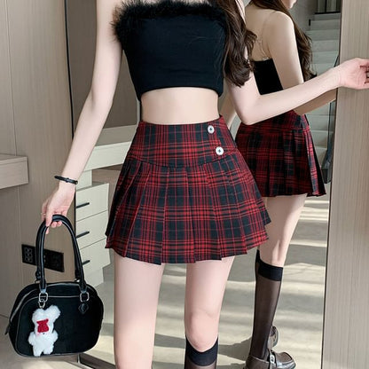 High-Rise Plaid Mini Pleated Flared Skirt