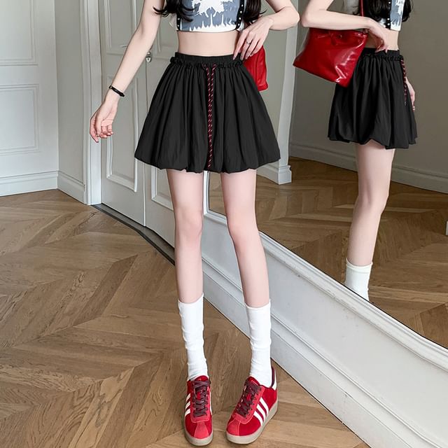 Drawstring Solid Mini Bubble Flared Skirt