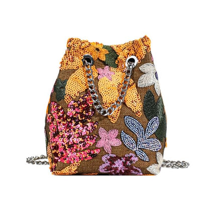 Leaf Embroidered Sequin Chain Strap Bucket Bag / Studded Faux Leather Bucket Bag
