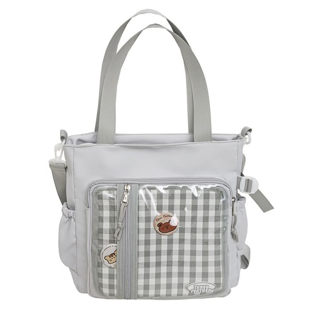 Set: Gingham Multi-Pocket Tote Bag + Badge