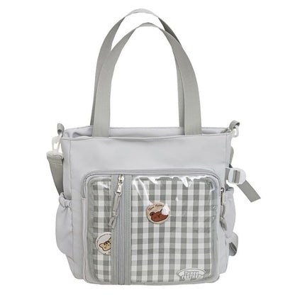 Set: Gingham Multi-Pocket Tote Bag + Badge
