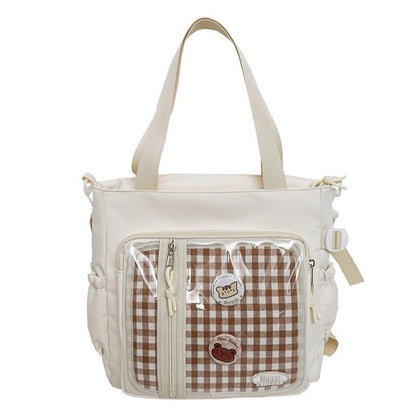 Set: Gingham Multi-Pocket Tote Bag + Badge