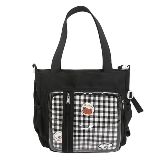 Set: Gingham Multi-Pocket Tote Bag + Badge