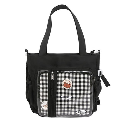 Set: Gingham Multi-Pocket Tote Bag + Badge