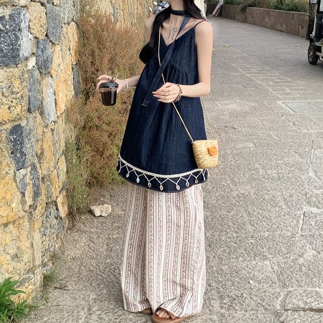 Spaghetti Strap V-Neck Mini A-Line Dress / High Rise Striped Wide Leg Pants