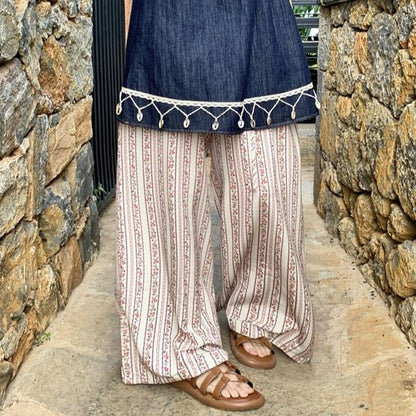 Spaghetti Strap V-Neck Mini A-Line Dress / High Rise Striped Wide Leg Pants
