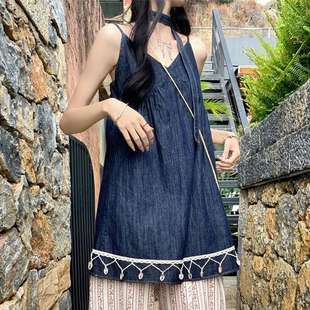 Spaghetti Strap V-Neck Mini A-Line Dress / High Rise Striped Wide Leg Pants