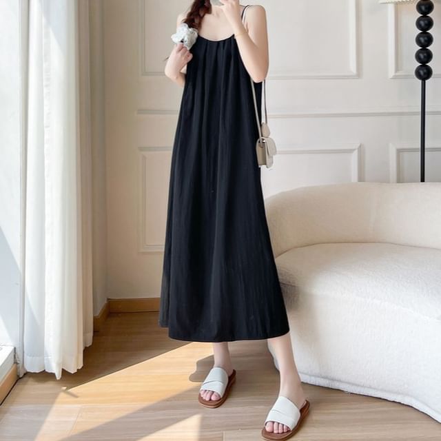 Spaghetti Strap Scoop Neck Plain Maxi A-Line Dress