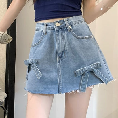 High Waist Washed Bow Fray Mini A-Line Denim Shorts