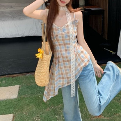 Plaid Asymmetrical Camisole Top