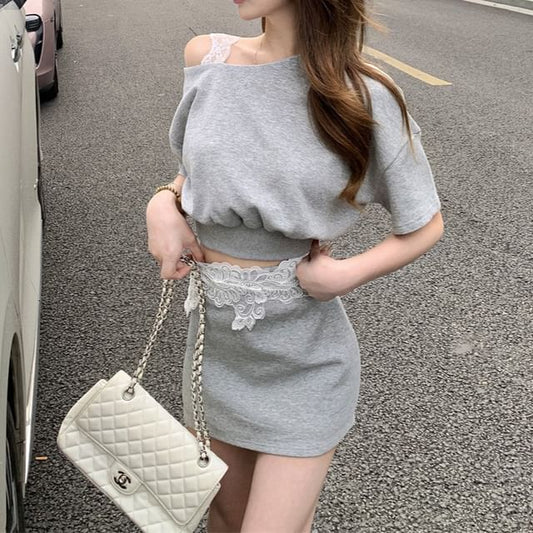 Set: Sleeveless Cold Shoulder Panel Lace Crop Top + High Waist Mini Pencil Skirt