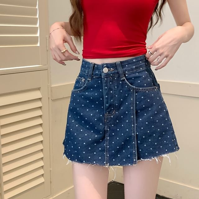 High Rise Polka Dot Fray Mini A-Line Denim Skirt