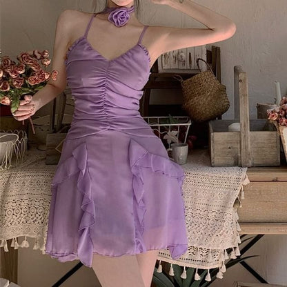 Spaghetti Strap Plain Ruffle Ruched Mini A-Line Dress