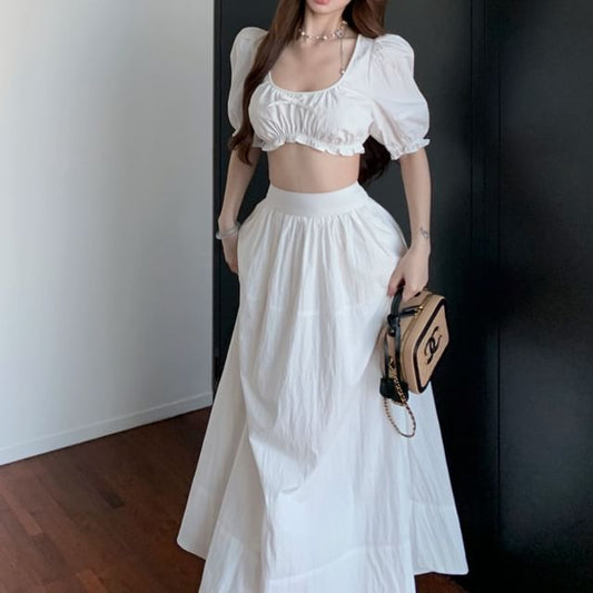 Sleeveless Scoop Neck Plain Bow Frill Crop Blouse / High Rise Maxi A-Line Skirt