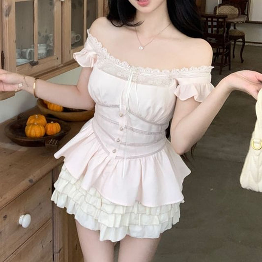 Sleeveless Square Neck Plain Ruffle Bow Panel Lace Blouse