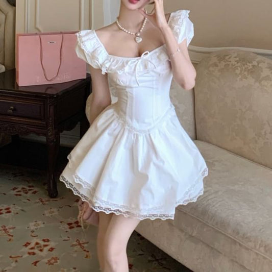 Cap Sleeve Square Neck Plain Bow Ruffle Lace Trim Blouse / High Waist Mini A-Line Skirt