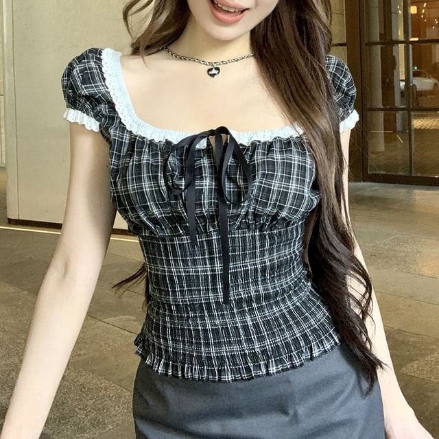Short Sleeve Square Neck Plaid Bow Shirred Top