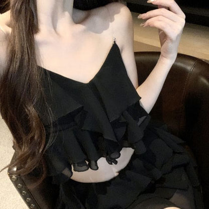 Plain Ruffle Crop Camisole Top / High Waist Tiered Mini A-Line Skirt