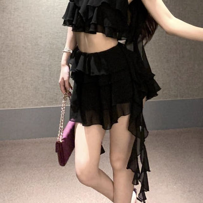 Plain Ruffle Crop Camisole Top / High Waist Tiered Mini A-Line Skirt