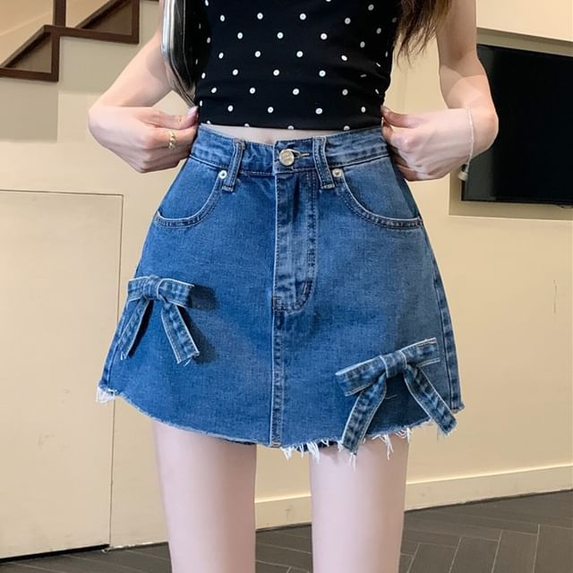 High Waist Washed Bow Fray Mini A-Line Denim Shorts