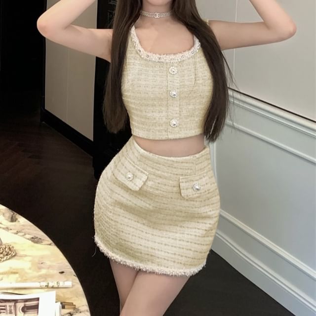Set: Sleeveless Scoop Neck Beaded Faux Pearl Button Tweed Crop Top + High Waist Mini Pencil Skirt