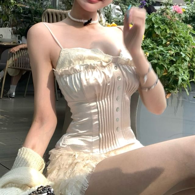 Plain Button Lace Panel Satin Camisole Top / V-Neck Plain Pointelle Cardigan / High Waist Tiered Mesh Shorts