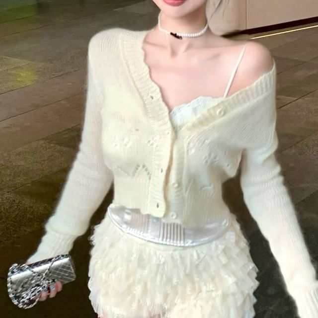 Plain Button Lace Panel Satin Camisole Top / V-Neck Plain Pointelle Cardigan / High Waist Tiered Mesh Shorts