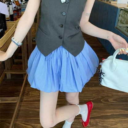 Sleeveless One Shoulder Plain Button Top / Drawstring Waist Plain Mini A-Line Balloon Skirt