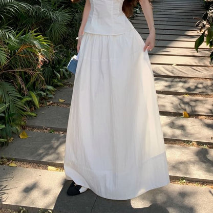 Sleeveless Scoop Neck Plain Bow Frill Crop Blouse / High Rise Maxi A-Line Skirt