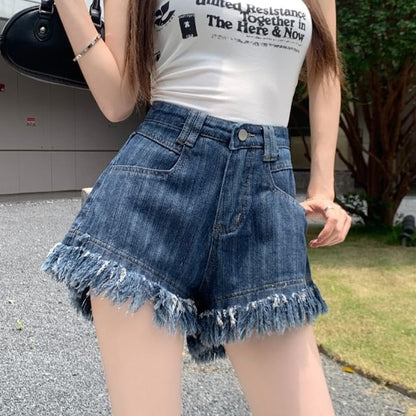 High Waist Washed Fringe Denim Shorts