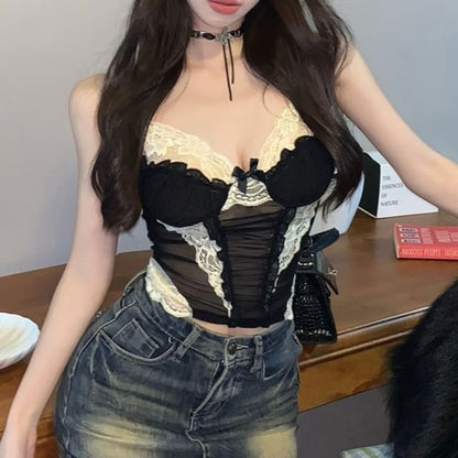 Bow Mesh Panel Lace Camisole Top