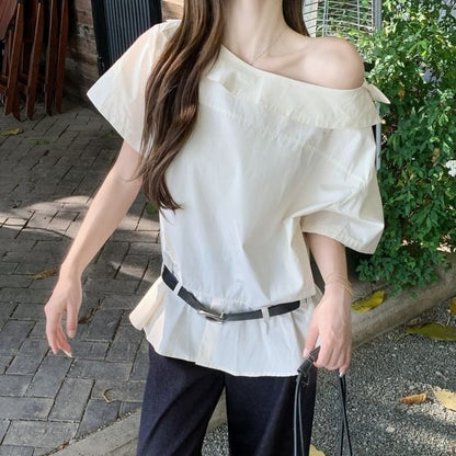 Set: Sleeveless One Shoulder Plain Blouse + Belt