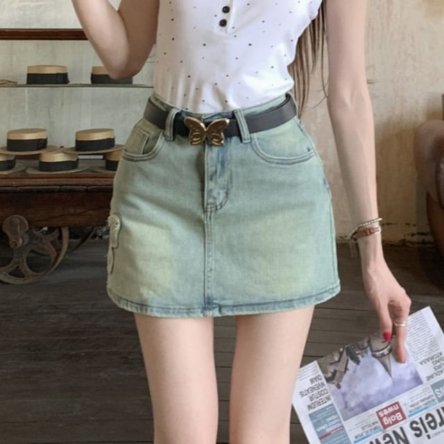 High Rise Butterfly Applique Washed Mini A-Line Denim Skirt