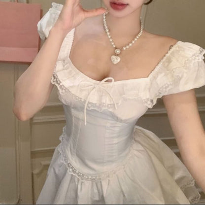 Cap Sleeve Square Neck Plain Bow Ruffle Lace Trim Blouse / High Waist Mini A-Line Skirt