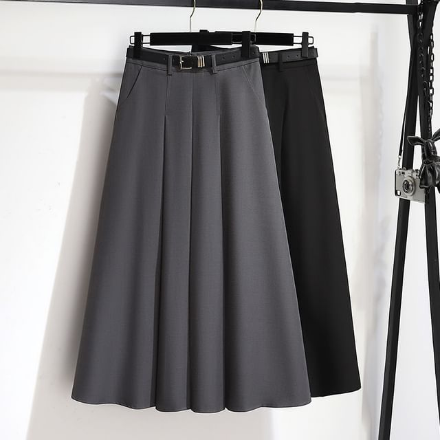 High-Waist Solid Long Flared Skirt