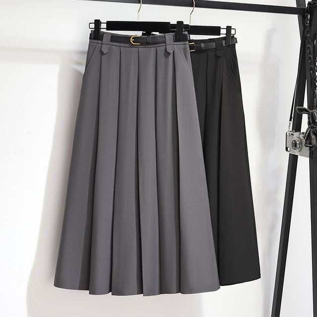 High-Rise Solid Long Pleated A-Line Skirt