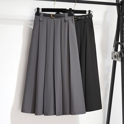 High-Rise Solid Long Pleated A-Line Skirt