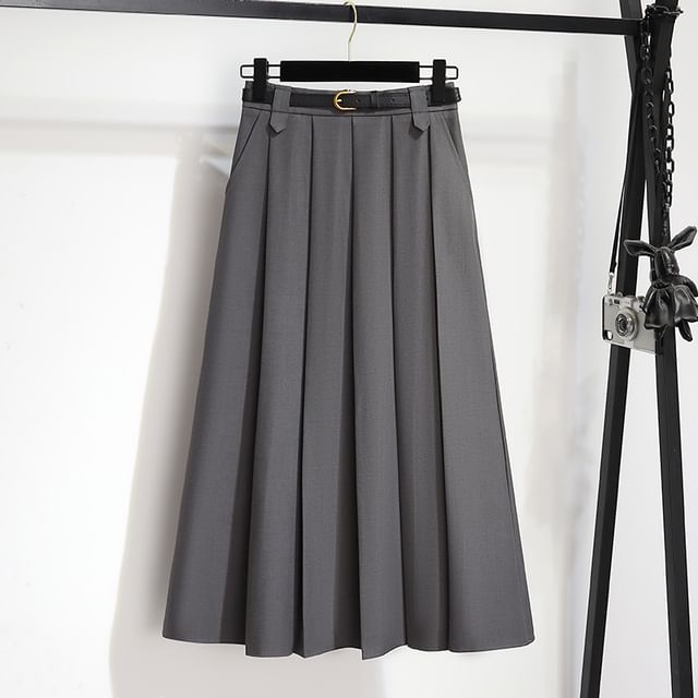 High-Rise Solid Long Pleated A-Line Skirt