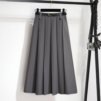 High-Rise Solid Long Pleated A-Line Skirt