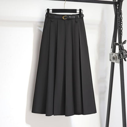 High-Rise Solid Long Pleated A-Line Skirt