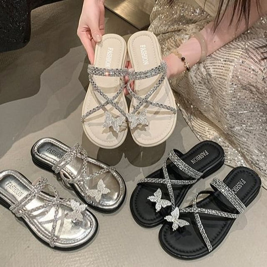 Butterfly Criss Cross Toe Rhinestone Sandals Slide Loop