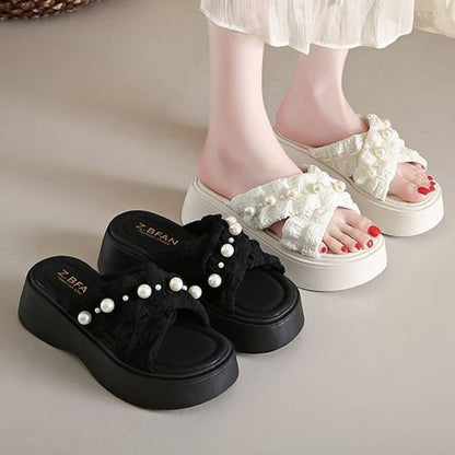 Slide Criss Faux Platform Pearl Sandals Cross