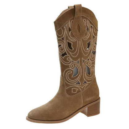 Heel Cutout Boots Mid-Calf Embroidered Chunky