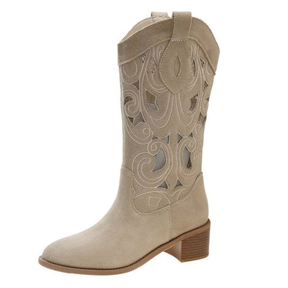 Heel Cutout Boots Mid-Calf Embroidered Chunky